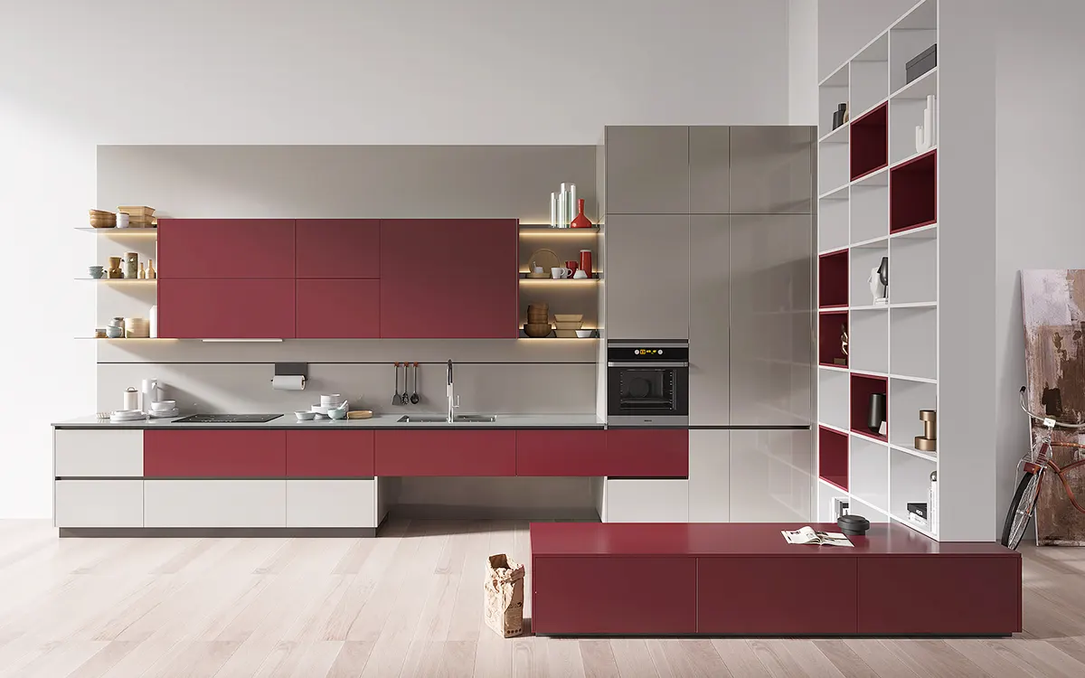 Grey and Red Kitchen Design with Partition Cabinets