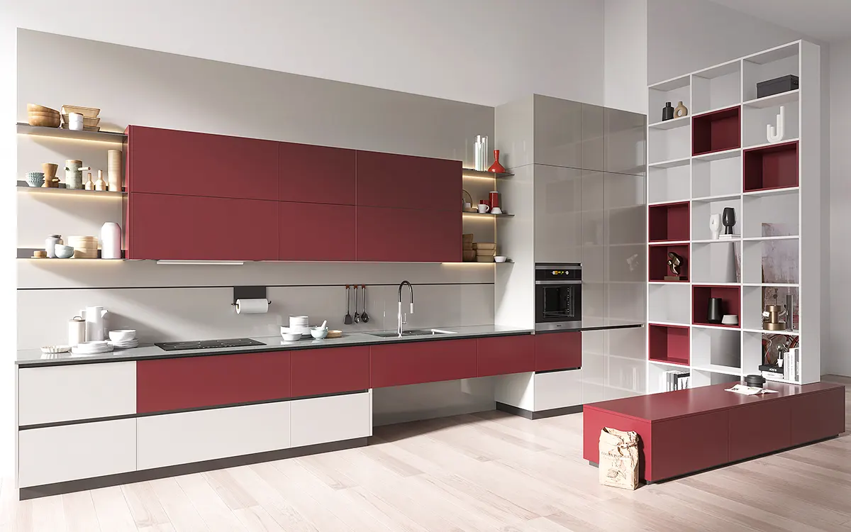 Grey and Red Kitchen Design with Partition Cabinets