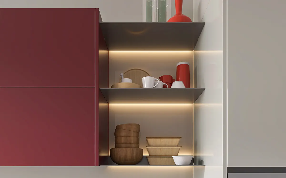 Grey and Red Kitchen Design with Partition Cabinets