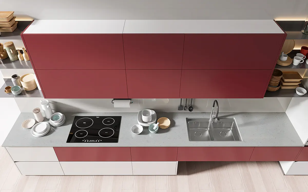 Grey and Red Kitchen Design with Partition Cabinets