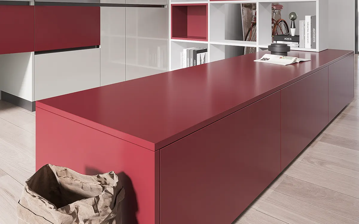 Grey and Red Kitchen Design with Partition Cabinets