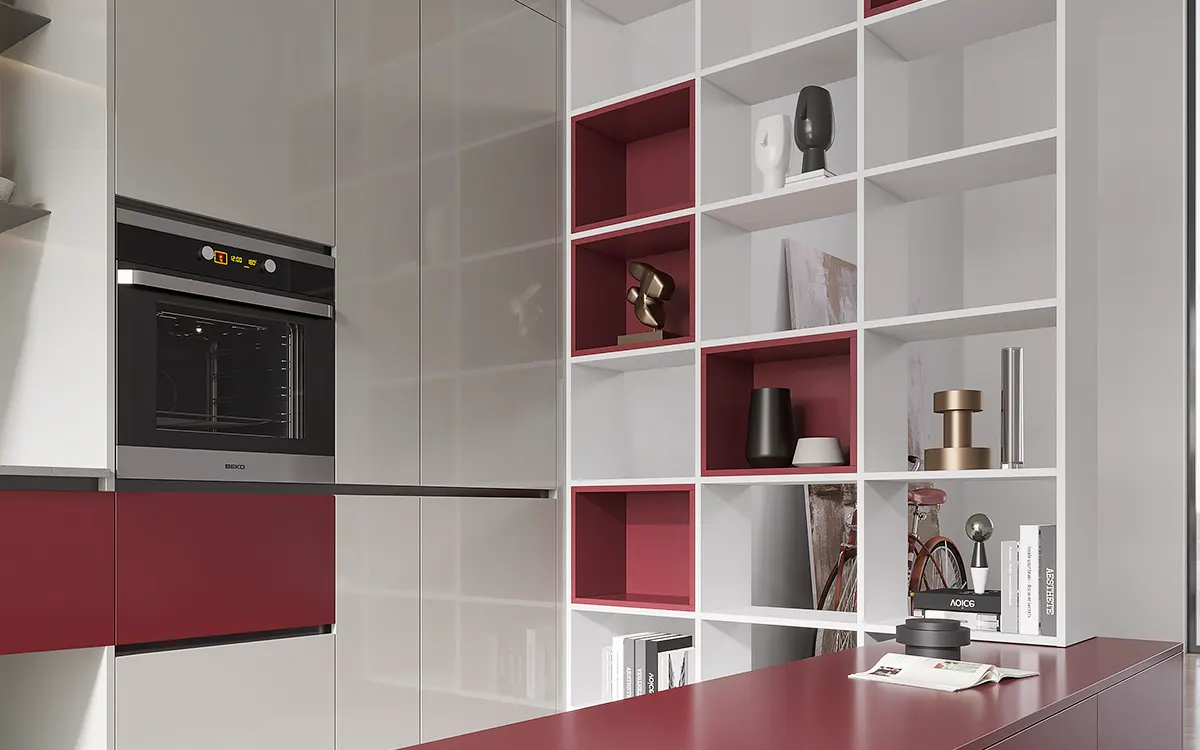 Grey and Red Kitchen Design with Partition Cabinets