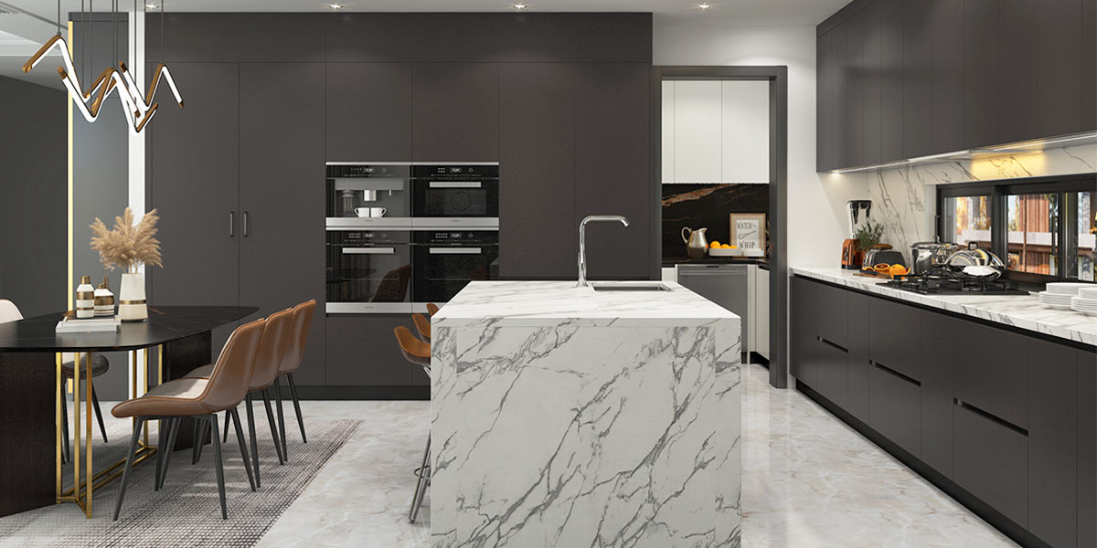 Dark Grey Kitchen Cabinets with White Countertops