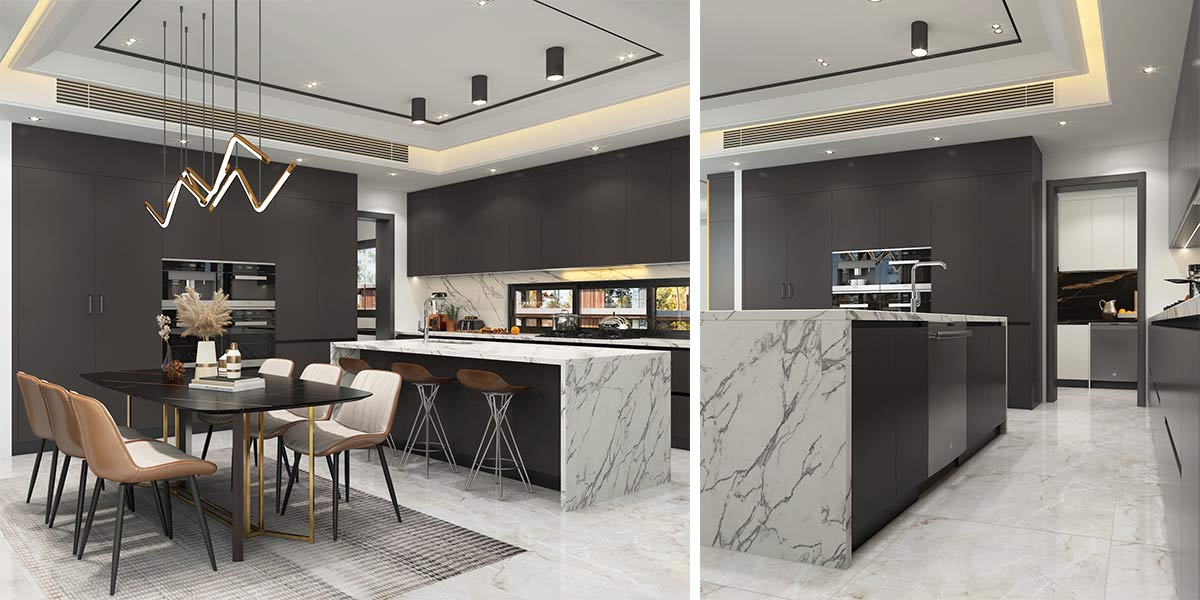 Dark Grey Kitchen Cabinets with White Countertops
