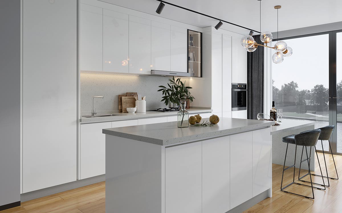 Minimalist Shiny White Kitchen Cabinets with Island 