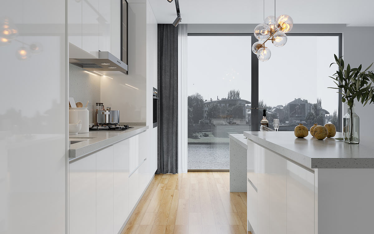 Minimalist Shiny White Kitchen Cabinets with Island 