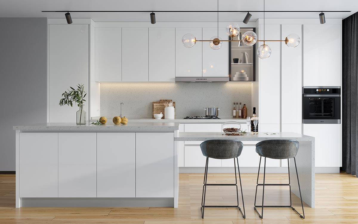 Minimalist Shiny White Kitchen Cabinets with Island