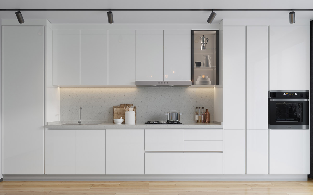 Minimalist Shiny White Kitchen Cabinets with Island 