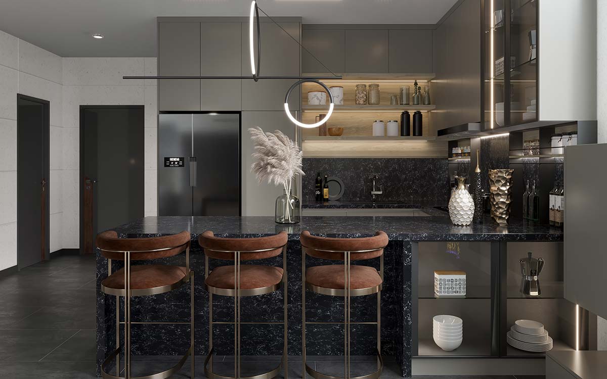 Dovetail Gray Cabinets Peninsula Kitchen