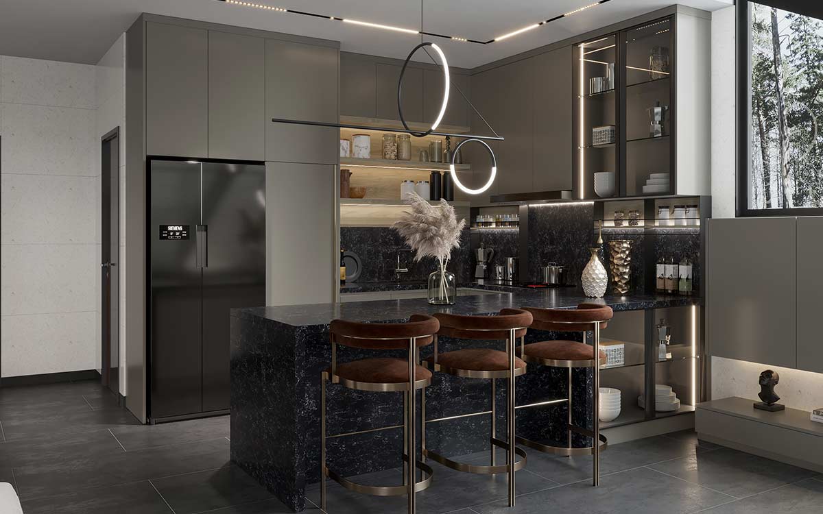 Dovetail Gray Cabinets Peninsula Kitchen
