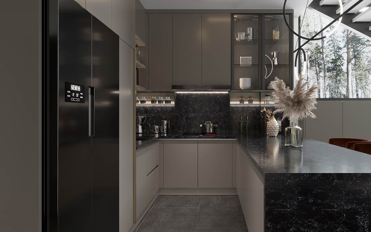 Dovetail Gray Cabinets Peninsula Kitchen