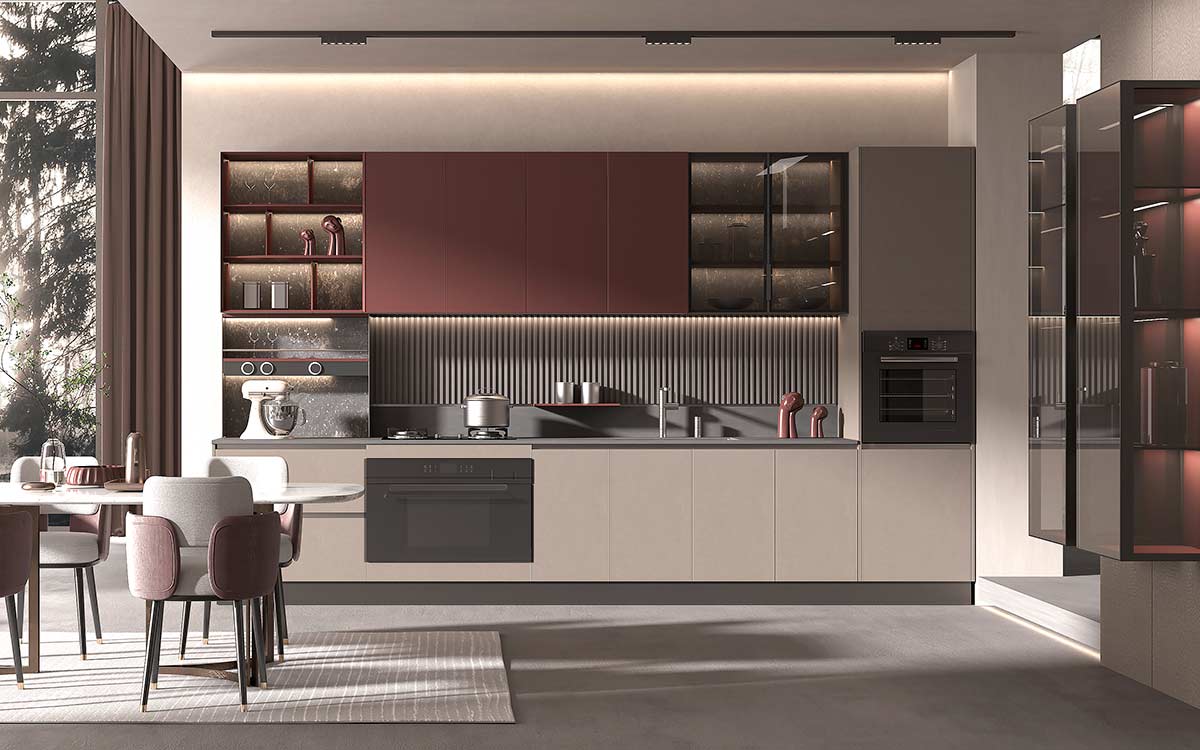 Modern Greige and Dark Red Kitchen Cabinets