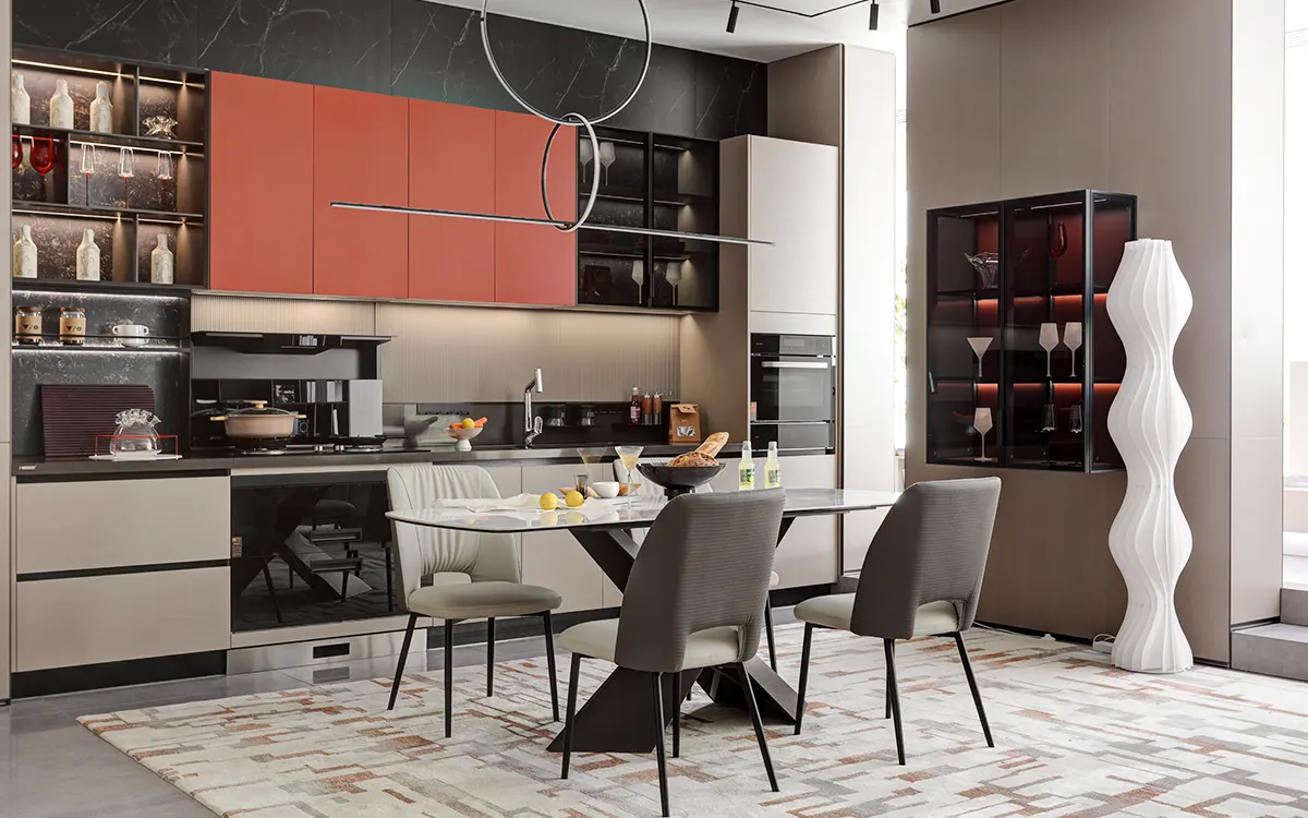 greige and red kitchen cabinets