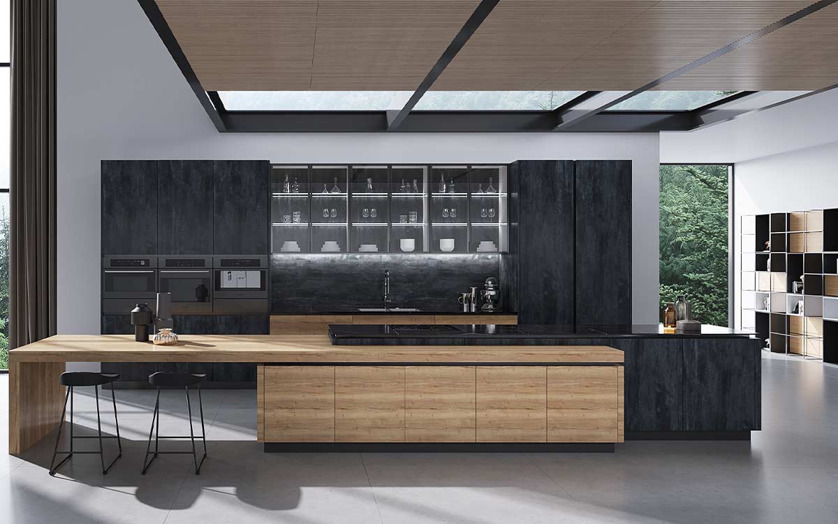 Single Wall Kitchen Design with Long Wood Island