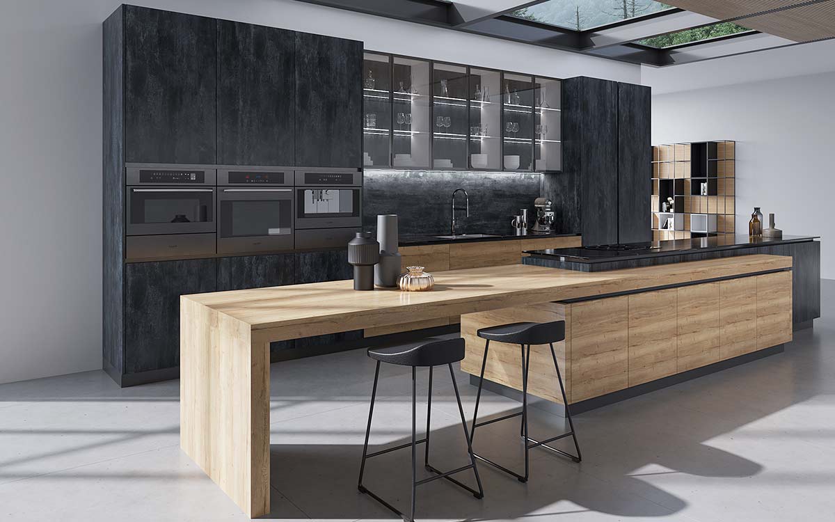 Single Wall Kitchen Design with Long Wood Island