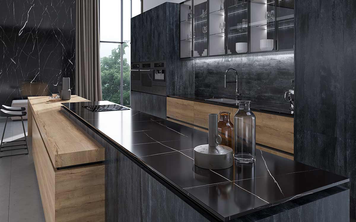 Single Wall Kitchen Design with Long Wood Island