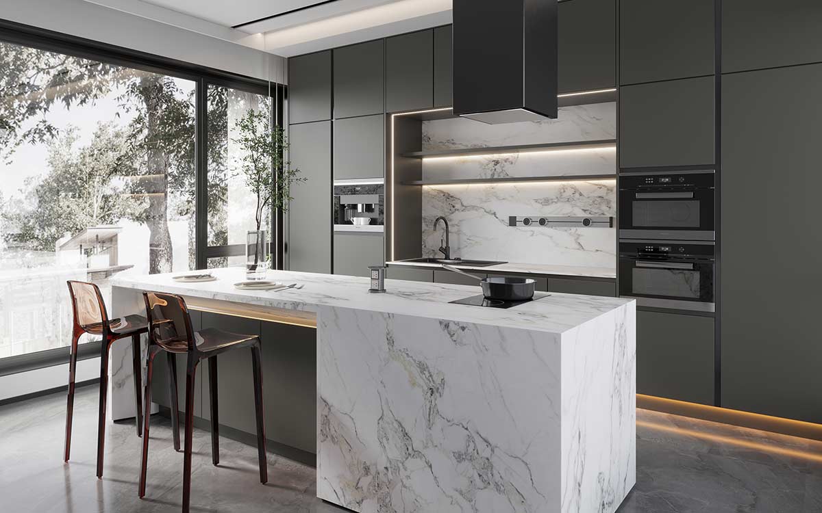 Grey Painted Kitchen Cabinets with White Island 