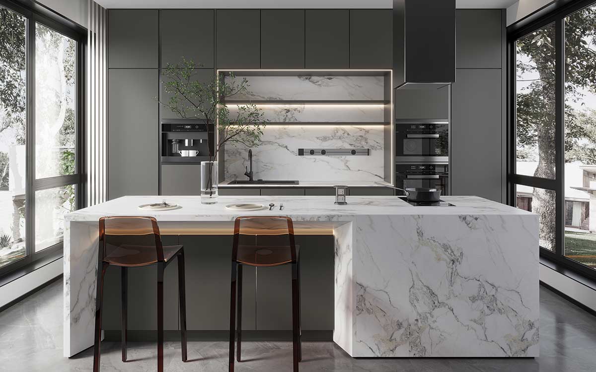 Charcoal Grey Kitchen Cabinets with White Island