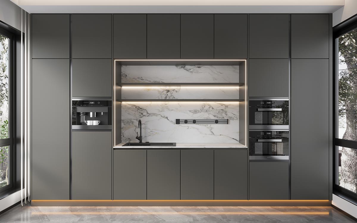Charcoal Grey Kitchen Cabinets with White Island