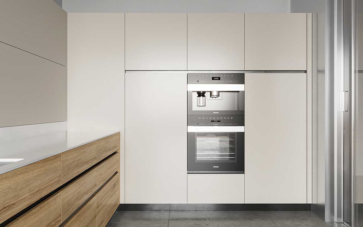 beige high cabinets with built-in appliances