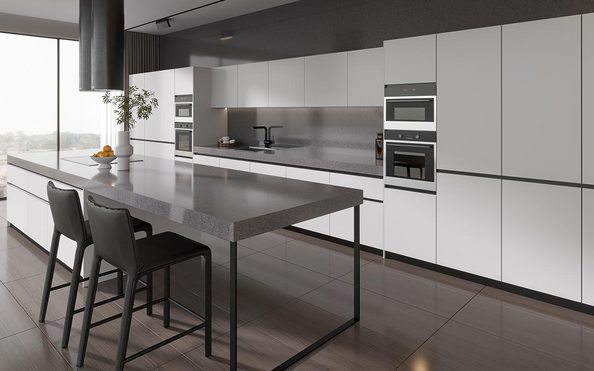White Cabinets Grey Countertops Large Kitchen