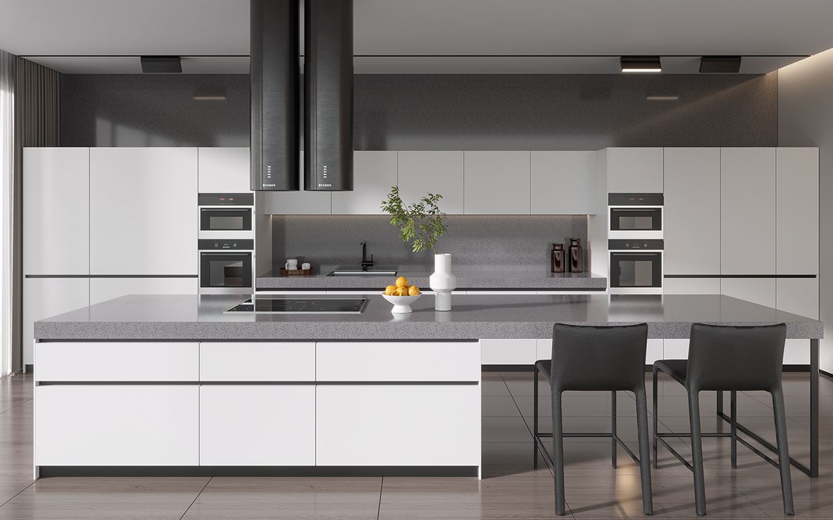 White Cabinets Grey Countertops Large Kitchen