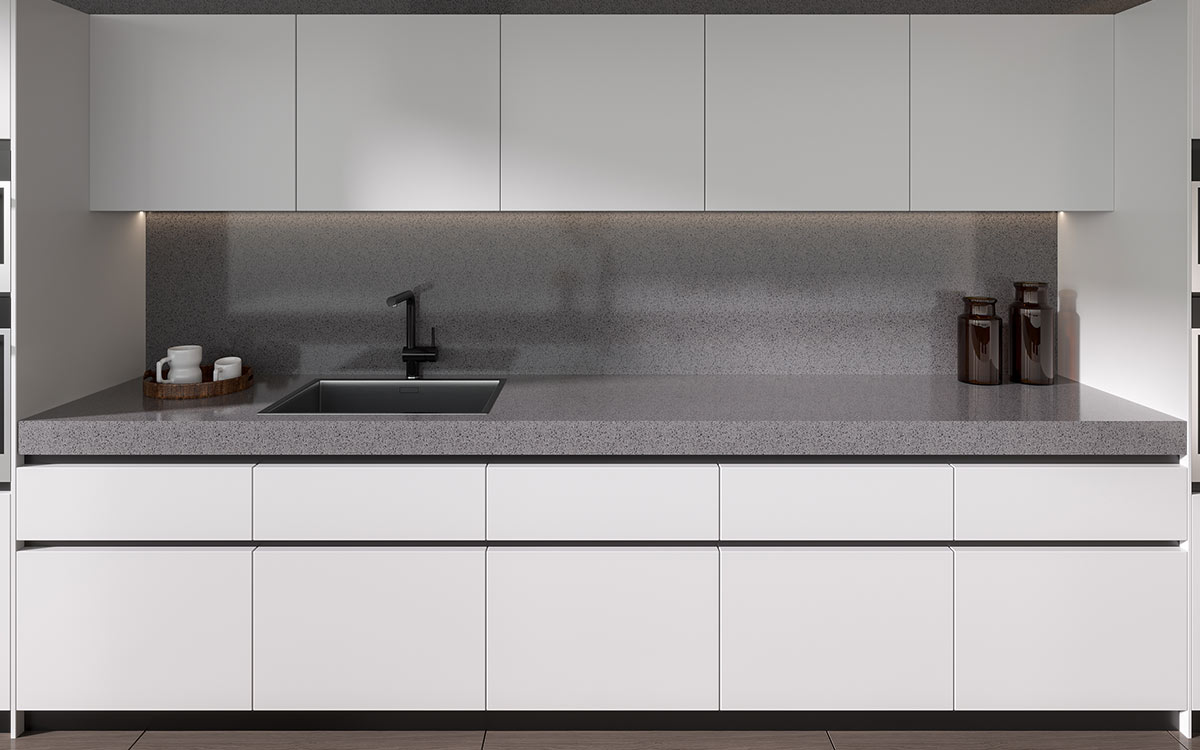 White Cabinets Grey Countertops Large Kitchen