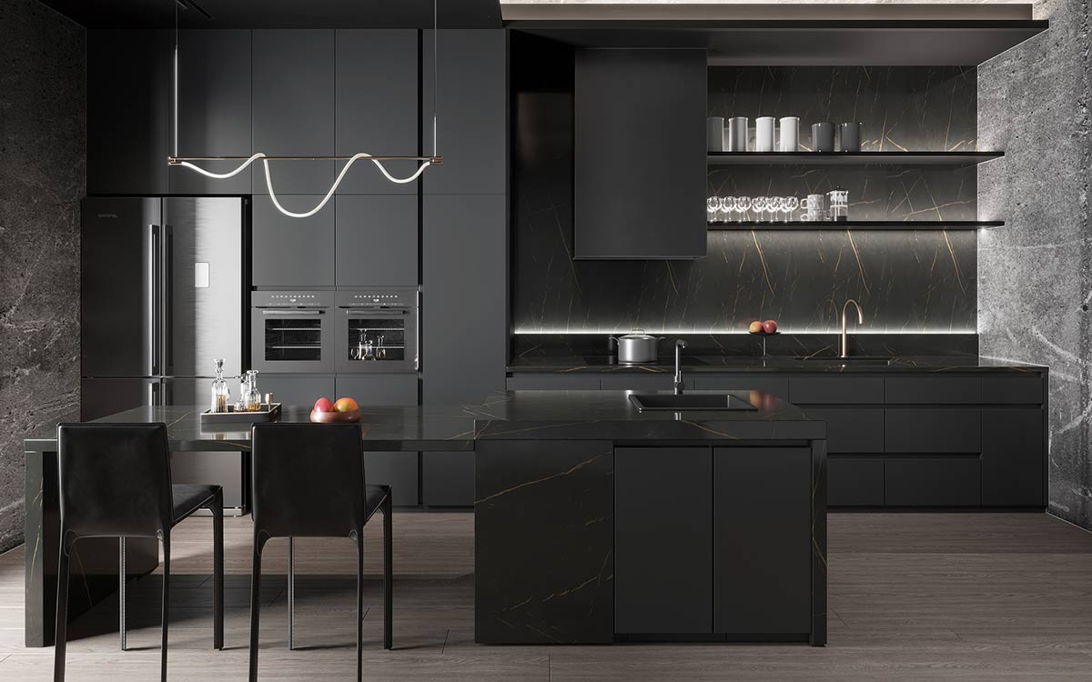 Dark Grey Cabinets with Black Worktop