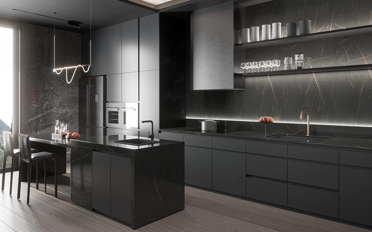 Dark Grey Cabinets with Black Worktop