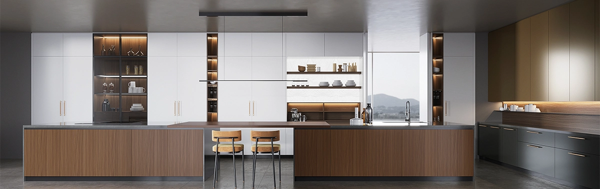 Double Island Kitchen Design for Long Kitchen Layout