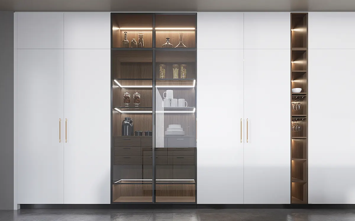 white cabinets and walnut glass cabinets