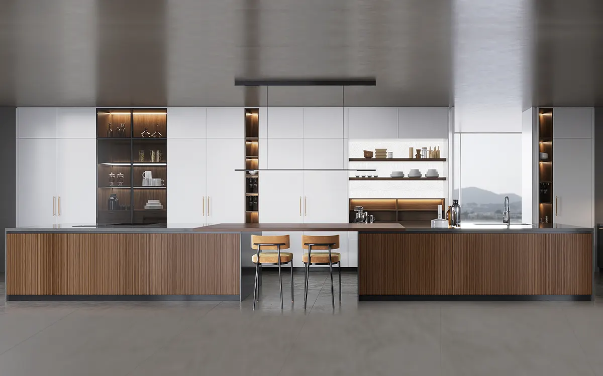 Double Island Kitchen Design for Long Kitchen Layout