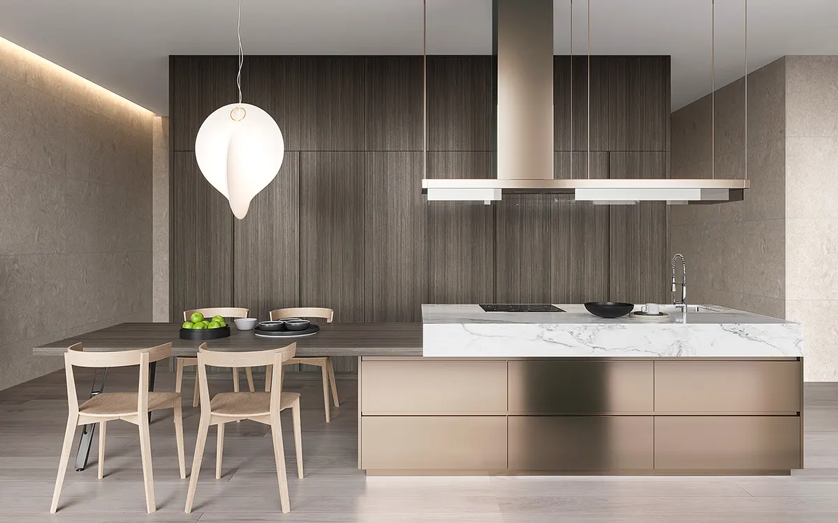 Metallic Copper and Grey Stained Kitchen Cabinets 