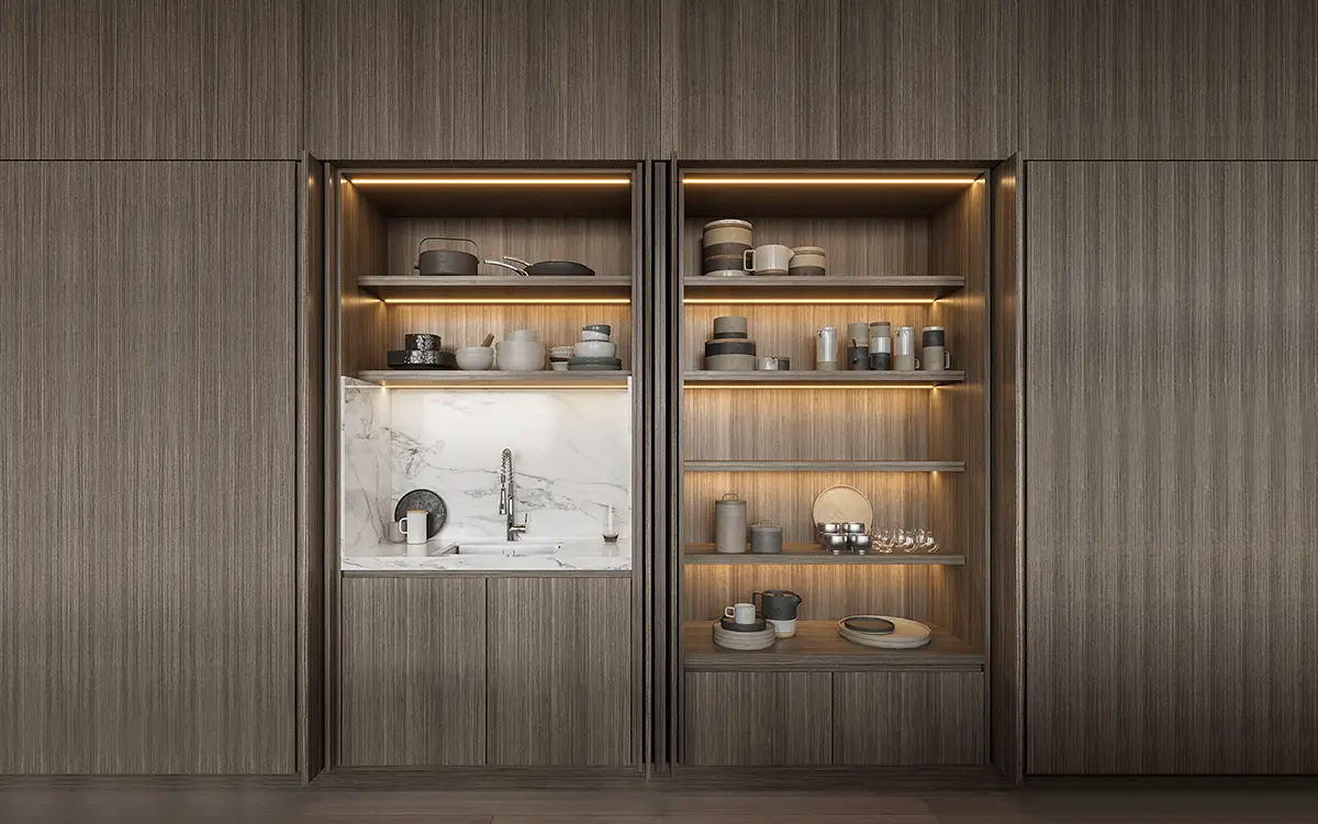 kitchen cabinets with pocket doors