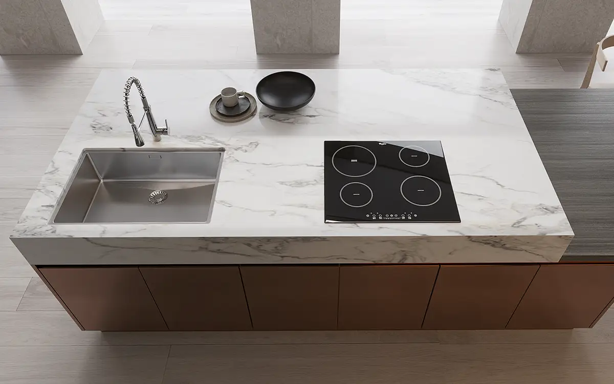 white sintered stone countertop with grey veins 