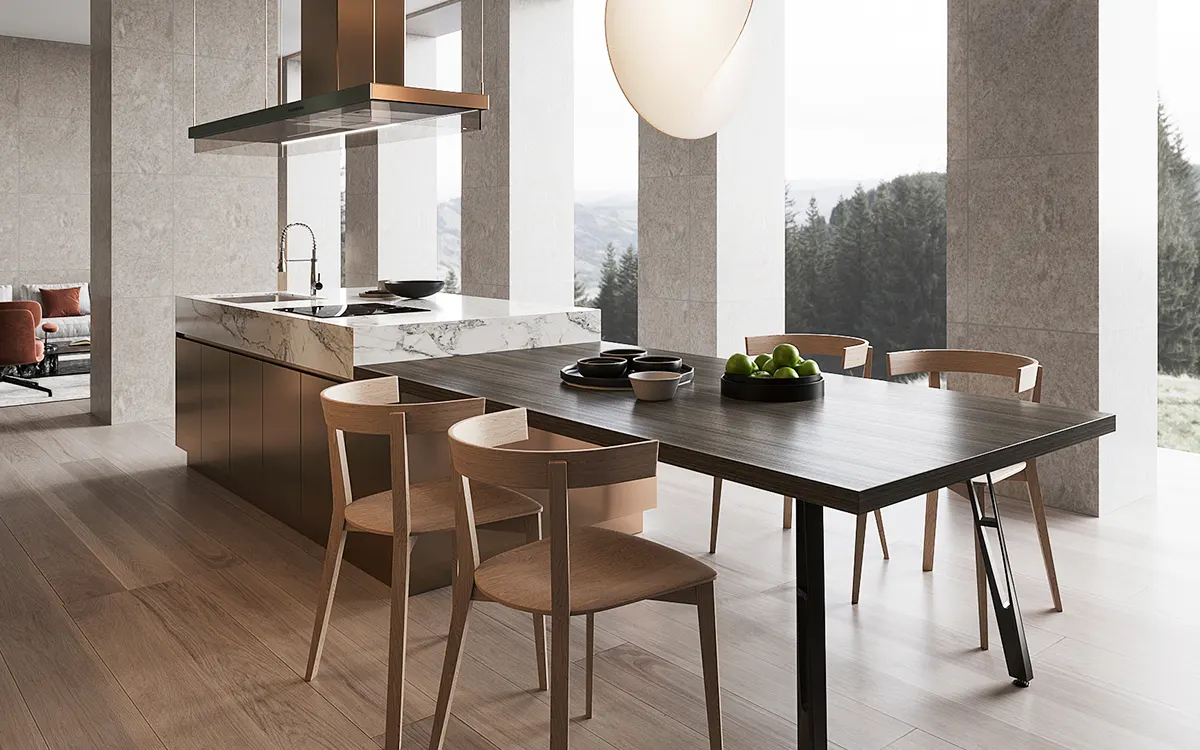 kitchen island with attached dining table